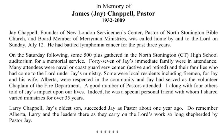 In Memory of James (Jay) Chappell, Pastor